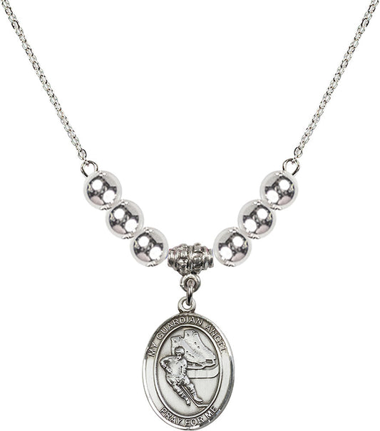 Sterling Silver Guardian Angel/Hockey Birthstone Necklace with Sterling Silver Beads - 8704