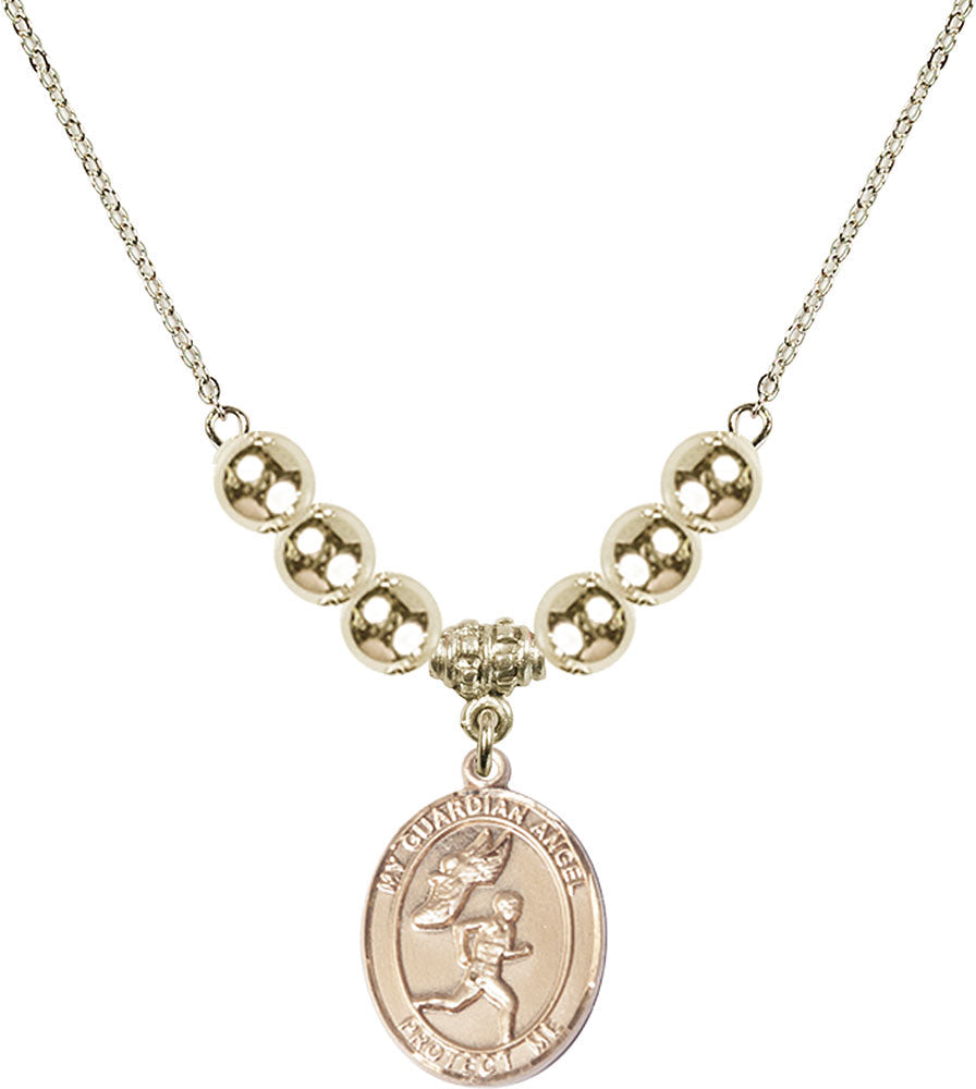 14kt Gold Filled Guardian Angel/Track&Field-Men Birthstone Necklace with Gold Filled Beads - 8709
