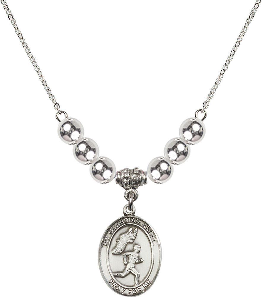 Sterling Silver Guardian Angel/Track&Field-Men Birthstone Necklace with Sterling Silver Beads - 8709