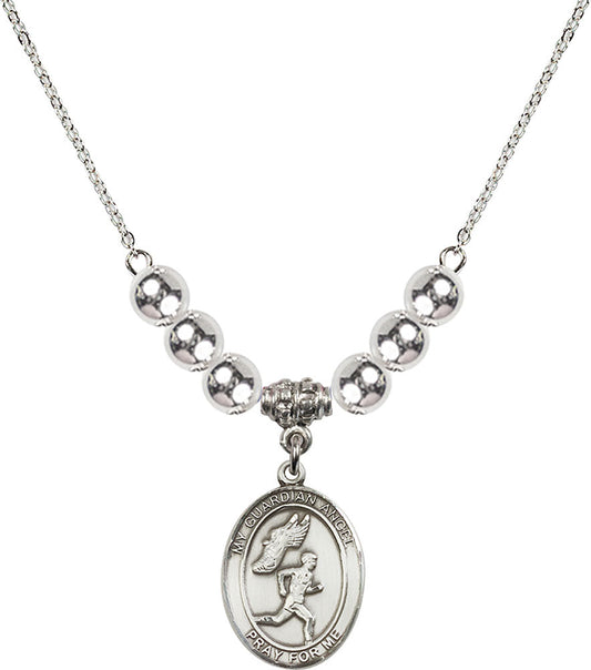 Sterling Silver Guardian Angel/Track&Field-Men Birthstone Necklace with Sterling Silver Beads - 8709