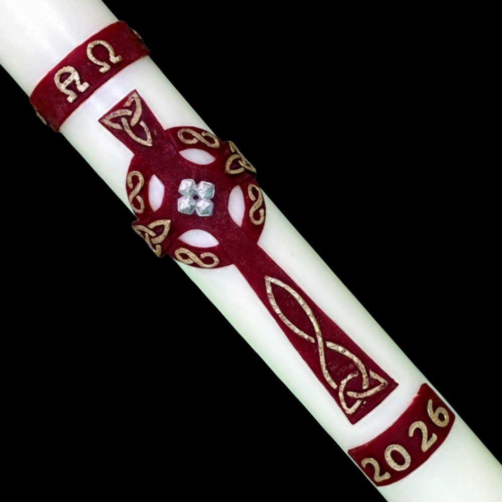 51% Beeswax Red Ornate Celtic Cross Paschal Candle