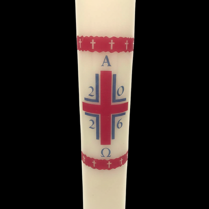 Red Cross with Alpha Omega Paschal Candle