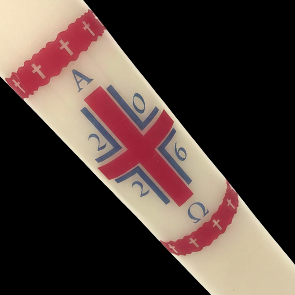 Red Cross with Alpha Omega Paschal Candle