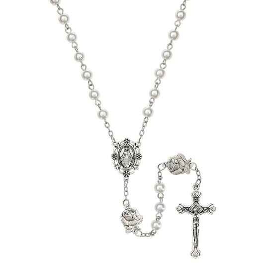 Our Lady of the Miraculous Rose White Pearl Rosary - 10 Pk